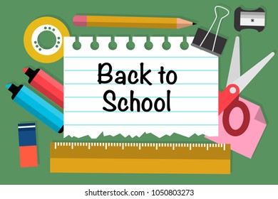 Poster with plenty of supplies and message saying Back to school. Eps vector illustration, horizontal image, flat design