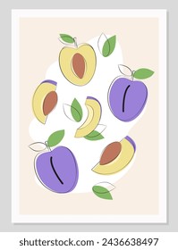 Cartel con ciruela en diseño plano minimalista. Ciruela plana mínima composición de la ilustración.. Ciruela simple ilustración vectorial.

