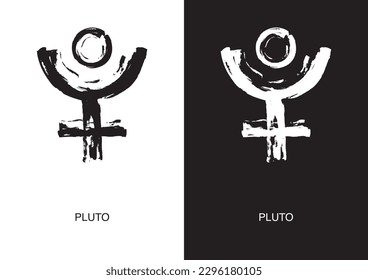 Poster des astrologischen Pluto Symbols in zwei Farbvarianten. Planet-Glyphe. Schwarze Farbhandschrift. Vektorgrafik.