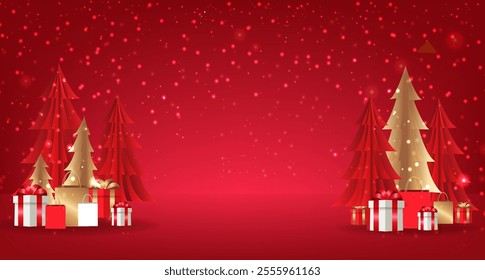 Poster Podium With Cristmas Fir Tree And Gift Box With Gradient Mesh, Vector Illustration