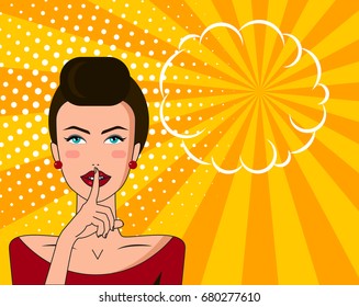 Poster in pop art retro style. Woman puts finger to her lips. Card secret with bubble. Vector illustration.