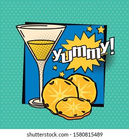 poster pop art style with cocktail cup and pineapple vector illustration design