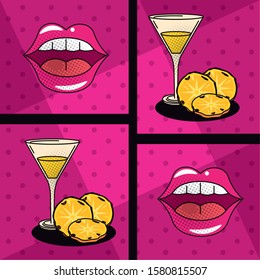 poster pop art style with cocktails cups and pineapples vector illustration design