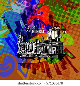 Poster in pop art style. Mumbai, India Gate and the Taj Mahal Hotel Mumbai, the view from the Arabian
