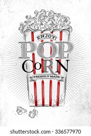 Poster popcorn full bucket, with red lines, lettering enjoy freshly made drawing on the old paper background.