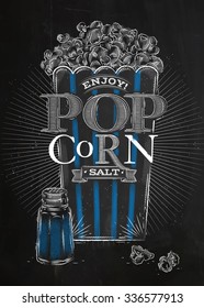 Poster popcorn salt full bucket, with blue lines, drawing with chalk on blackboard