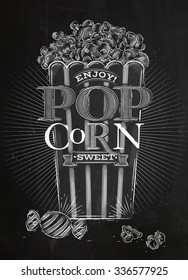 Poster popcorn sweet full bucket, drawing with chalk on blackboard