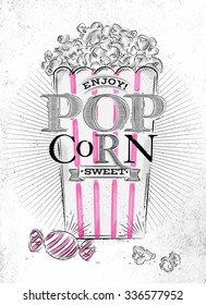 Poster popcorn sweet full bucket, with pink lines, drawing on the old paper background