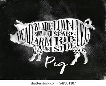 Poster pork cutting scheme lettering head, blade shoulder, arm, loin, spare rib, side, hock, leg in vintage style drawing with chalk on chalkboard background