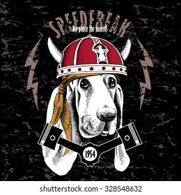 Poster with portrait of a Basset Hound dog wearing a viking helmet and bandanna. Vector illustration.