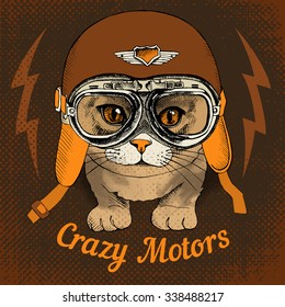 Poster With Portrait Of A Cat Wearing A Motorcycle Helmet. Vector Illustration.