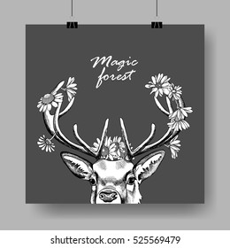 Poster with portrait of the Deer with a Chamomile flowers on a dark Gray background. Vector illustration.