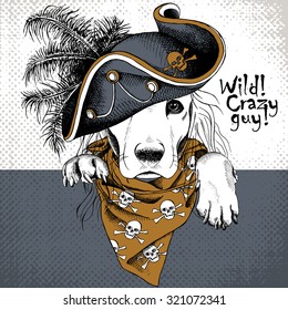 Poster with portrait of a dog wearing gray pirate hat and brown neckerchief with image skull. Vector illustration.