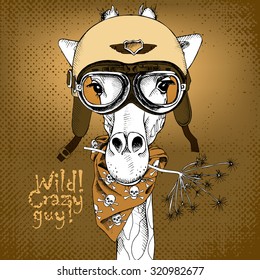 Poster with portrait of a giraffe wearing retro motorcyclist helmet and neckerchief with images a skull. Vector illustration.