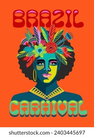 Poster with portrait of man in brazil carnival outfit. Vector abstract illustration. Design for carnival concept and other use