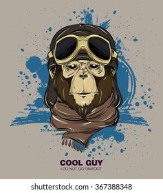 Poster with portrait of monkey wearing the motorcycle helmet and scarf. Vector illustration. art print. Symbol 2016