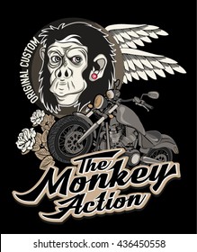 Poster with portrait of monkey wearing the motorcycle . Vector illustration. 