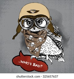 Poster with portrait of owl wearing a retro motorcyclist helmet and neckerchief with images a skull. Vector illustration.