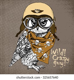 Poster with portrait of owl wearing a retro motorcyclist helmet and neckerchief with images a skull. Vector illustration.