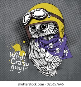 Poster with portrait of owl wearing a retro motorcyclist helmet and neckerchief with images a skull. Vector illustration.