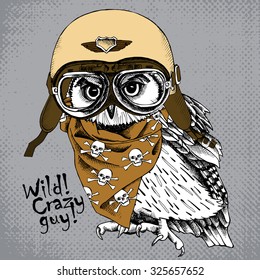 Poster with portrait of owl wearing a retro motorcyclist helmet and neckerchief with images a skull. Vector illustration.