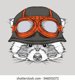 The poster with the portrait of the raccoon wearing the motorcycle helmet. Vector illustration.