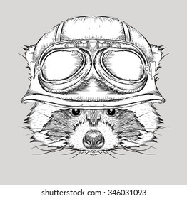The poster with the portrait of the raccoon wearing the motorcycle helmet. Vector illustration.