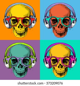 Poster with a portrait of skull wearing headphones and glasses in pop art style. Vector illustration.