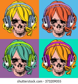 Poster with a portrait of skull wearing wig and headphones in pop art style. Vector illustration.