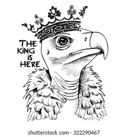 Poster with portrait of a vulture in a crown. Vector illustration.