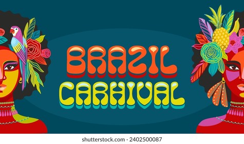 Poster with portrait of woman in brazil carnival outfit. Vector abstract illustration. Design for carnival concept and other use
