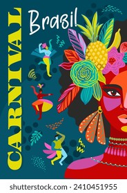 Poster with portrait of woman in brazil carnival outfit. Vector abstract illustration. Design for carnival concept and other use