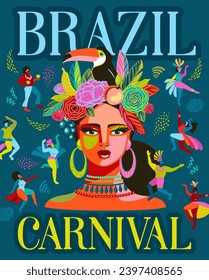 Poster mit Porträt von Frauen und Menschen in Brasilien Karneval Outfit. Abstrakte Vektorgrafik. Design für Karnevalskonzepte und andere Verwendungszwecke