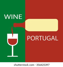 Poster Portugal wine on the background of the flag. A bottle of wine with a wineglass