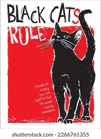 Poster or post with black cat and text frame for quote or proverb. black cats rule. Hand drawn vector illustration, stylized in traditional artistic linocut or woodcut print. 