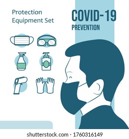 poster post sosial media education covid-19 with facemask man, Protection equipment set icon concept for sosial media, icon facemask hand glove temperature check set icon