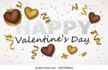 Poster, postcard, banner with golden and chokolate hearts, gold confetti, sparkles, glitter, serpentine and lettering Happy Valentines Day on white background. Vector illustration. 