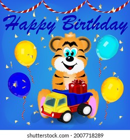 Poster, postcard, banner. Great illustration. Vector. holiday gift. Tiger with balloons, car and gift. blue background with serpentine. Greeting card text template.