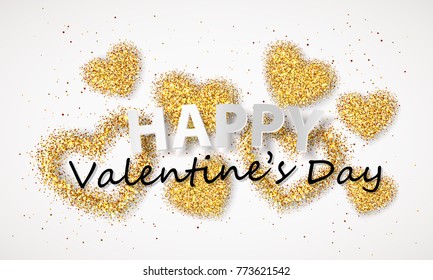 Poster, postcard, banner with heart of gold confetti, sparkles, golden glitter and lettering Happy Valentines Day on white background. Vector illustration. 