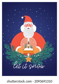 Poster or postcard for christmas celebration. Holiday season card, festive banner with cheerful Santa Claus holding a snow globe and christmas tree wreath. Flat vector illustration