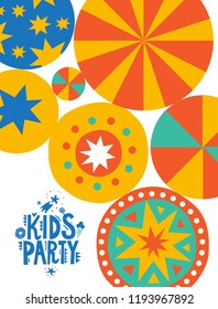 Poster, postcard with decorative circles and hand drawn text Kids party. For nursery, poster, postcards, fabric