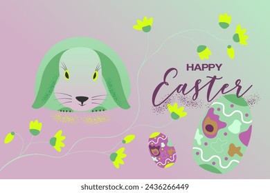 Poster or postcard design for Easter. Green funny bunny, branch with bright yellow flowers diagonally, 2 decorated eggs and Happy Easter text