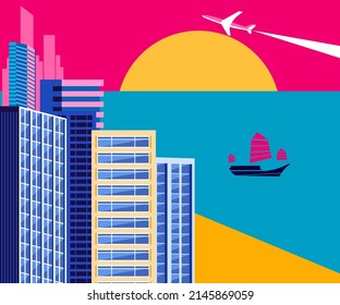 poster postcard flat color image sunset over the sea in the metropolis retro style