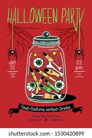 Poster or postcard for Halloween.The glass jar has everything for a holiday:the crispy fingers,the eyes of the villains.In a hand-drawn style.