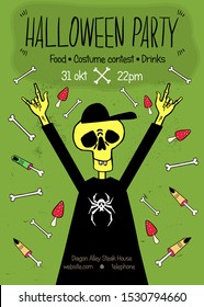 Poster or postcard for Halloween.funny skeleton is very happy to see you.In a hand-drawn style.
 