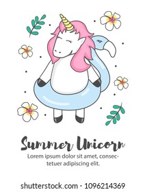 Poster, postcard, label for printing. Greeting cards with unicorn. Summer unicorn with inflatable ring. Vector illustration unicorn and flamingo. Set of summer icons and design elements. 