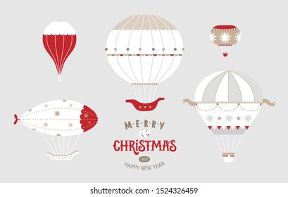 Poster or postcard Merry Christmas template design, Happy New year and Christmas sign, emblem with air balloons illustration set