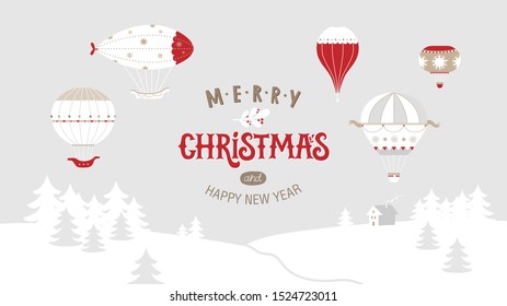 Poster or postcard Merry Christmas template design, Happy New year and Christmas sign, emblem with festive decor, balloons on forest landscape background