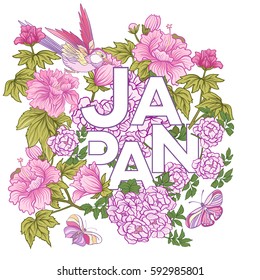 Poster or postcard with pink Japanese peony and wild roses and bird and butterfly, word Japan and with place for text. Vector stock illustration.