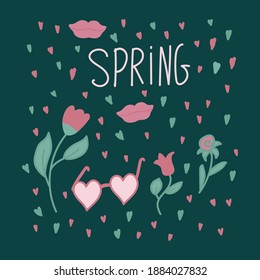 Poster, postcard of spring flowers. Illustrations of nature and love are hand-drawn in the doodle style. The inscription Spring for your loved ones. Picture for creating a spring design. Vector